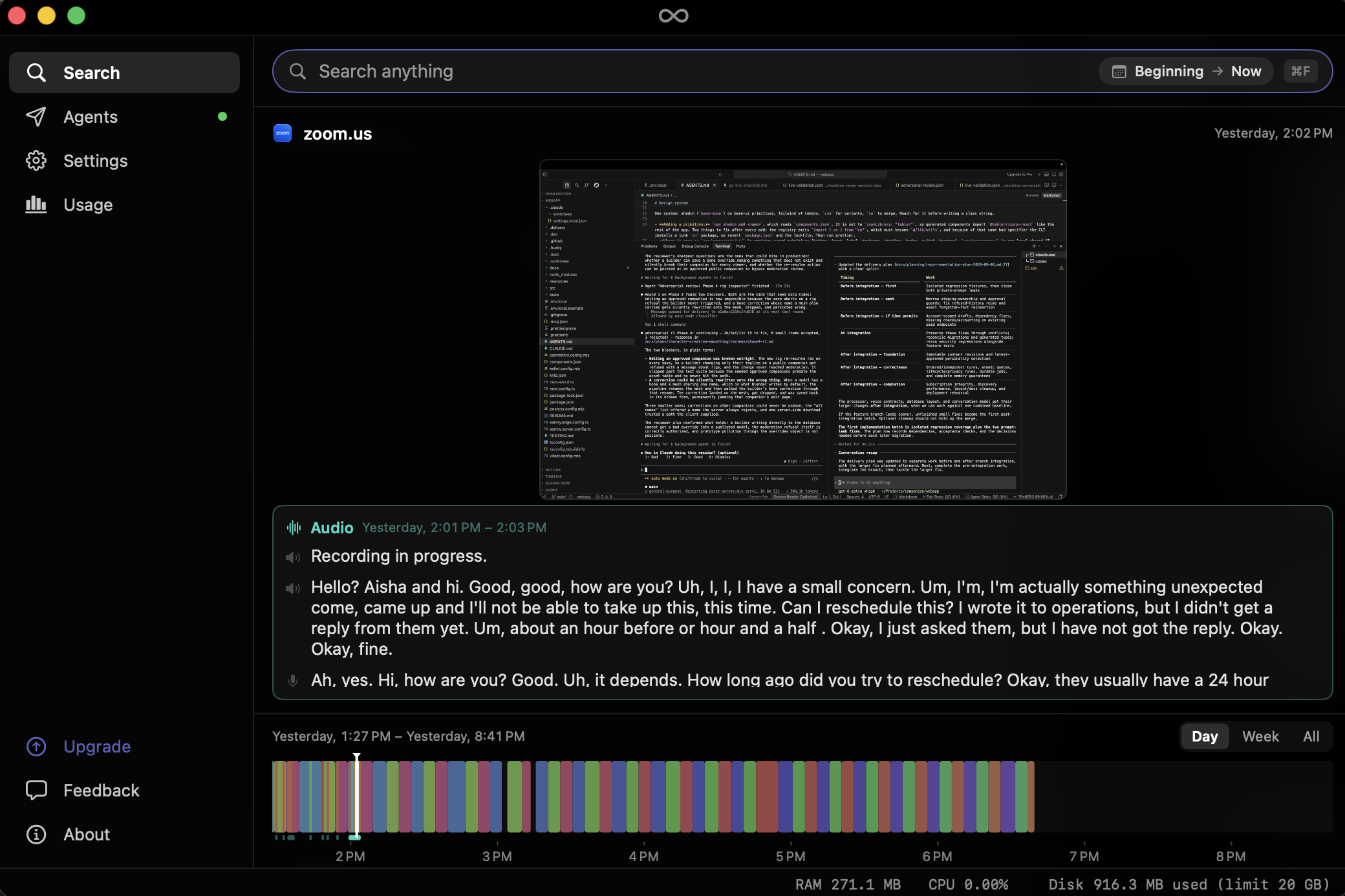 inf search and screen-history timeline